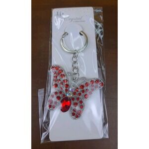 NIP Crystal Collection Red Crystal Butterfly Silver Tone Keychain Backpack